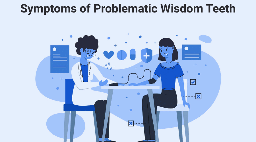 Illustration showing common symptoms of impacted or infected wisdom teeth