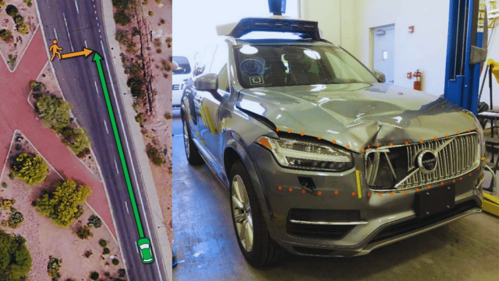 Uber self-driving SUV after crash with investigation scene involving police and investigators in Arizona