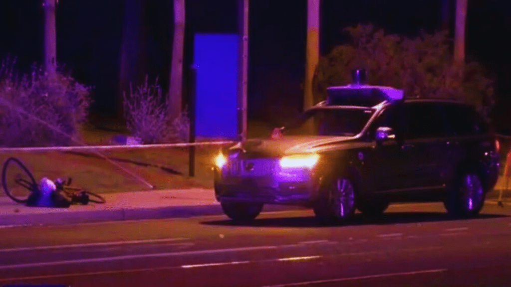 Uber self-driving vehicle at the scene of fatal crash involving backup driver in Tempe, Arizona