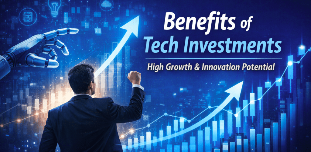 Benefits of investing in advanced technology firms showing stock growth chart and AI industry development