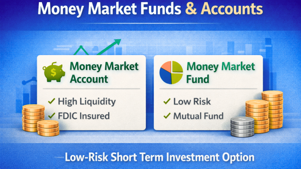 Infographic comparing money market funds and accounts as short-term investment options with liquidity and safety.