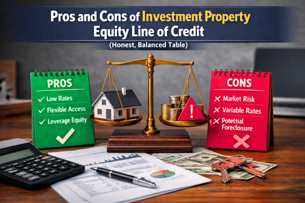 Pros and cons of investment property equity line of credit real estate decision concept