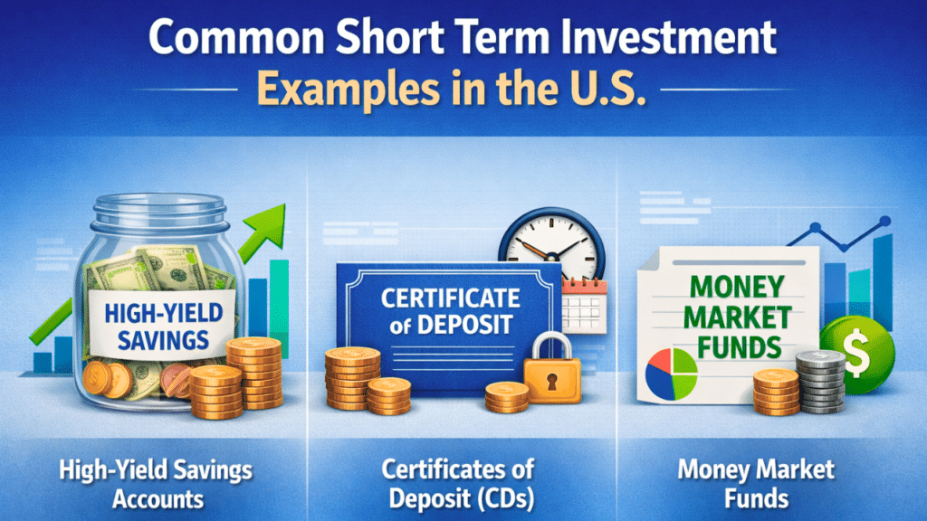 Comparison of short-term investment options like money market accounts, high-yield savings accounts, and certificates of deposit for safe short-term investing.