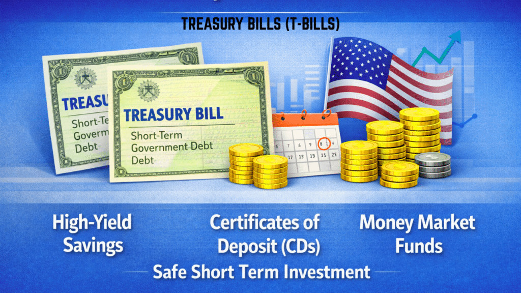 Graphic showing Treasury bills and short-term government debt as a safe short term investment option.