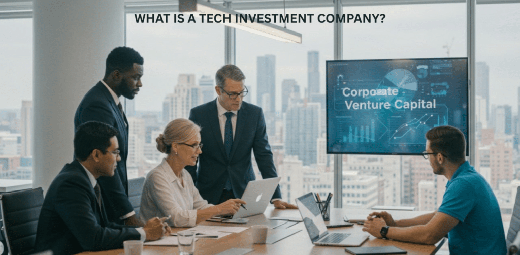 Modern advanced technology investment company office with AI financial dashboard and fintech analysis