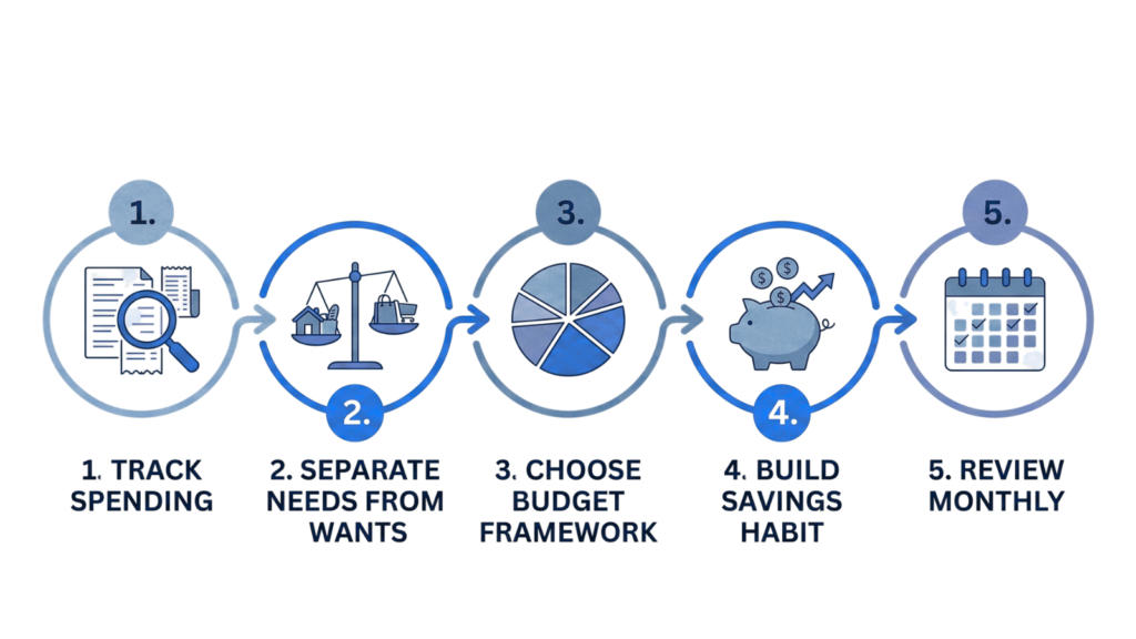 Infographic showing 5 steps to build a personal finance foundation: track spending, separate needs and wants, choose a budget, save, and review monthly