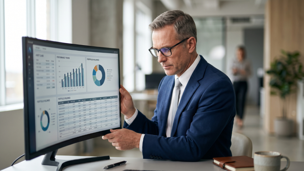 Financial controller reviewing investment accounting software dashboard