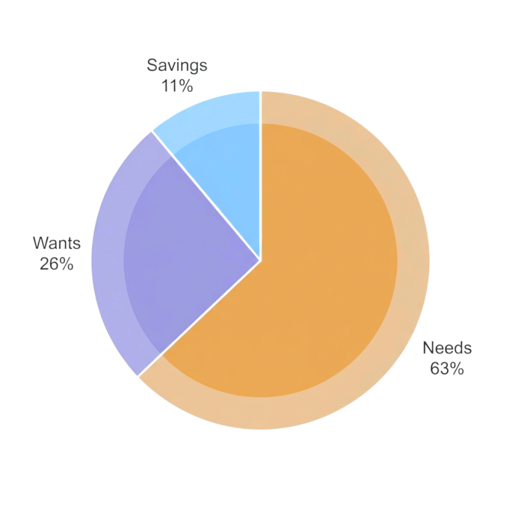 Pie chart showing a real budget example split into 63% needs, 26% wants, and 11% savings before adjustment