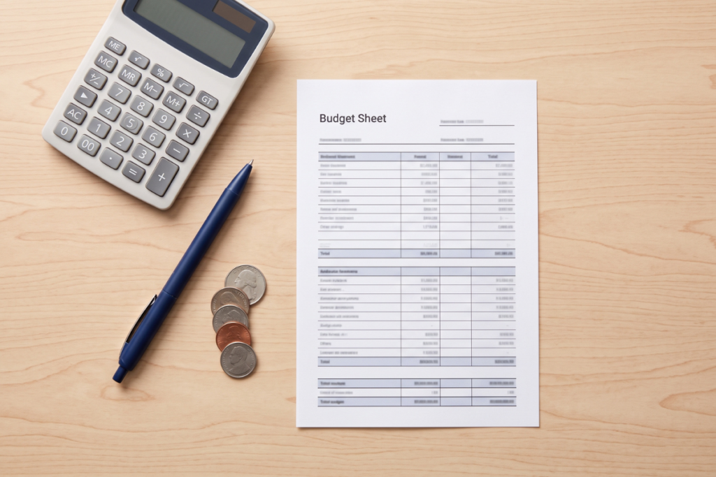 Calculator and budget sheet illustrating 10 year term life insurance premium costs