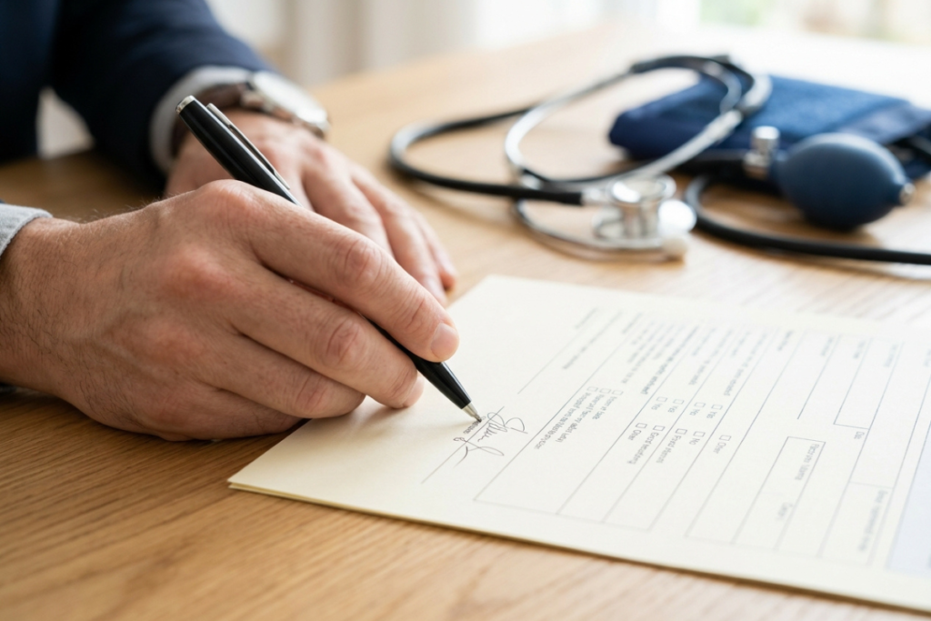 Person signing a term life insurance application during underwriting