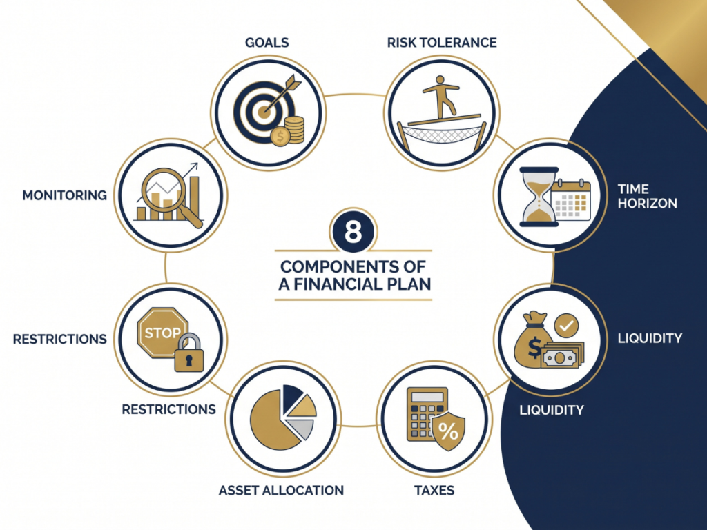 "Key components of an investment policy statement including goals, risk tolerance, and asset allocation"