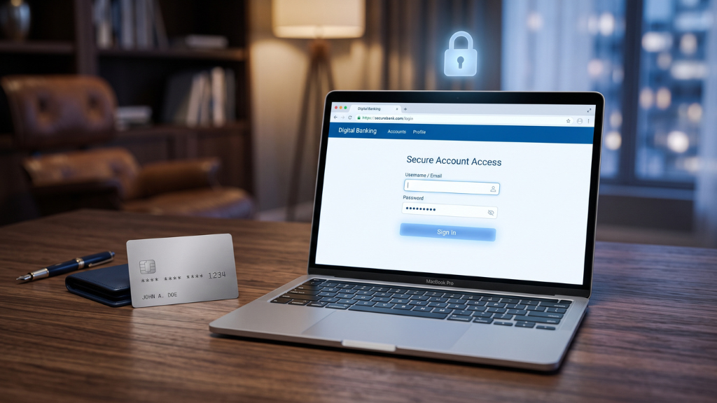 Secure online login screen for Merrick Bank credit card account on laptop