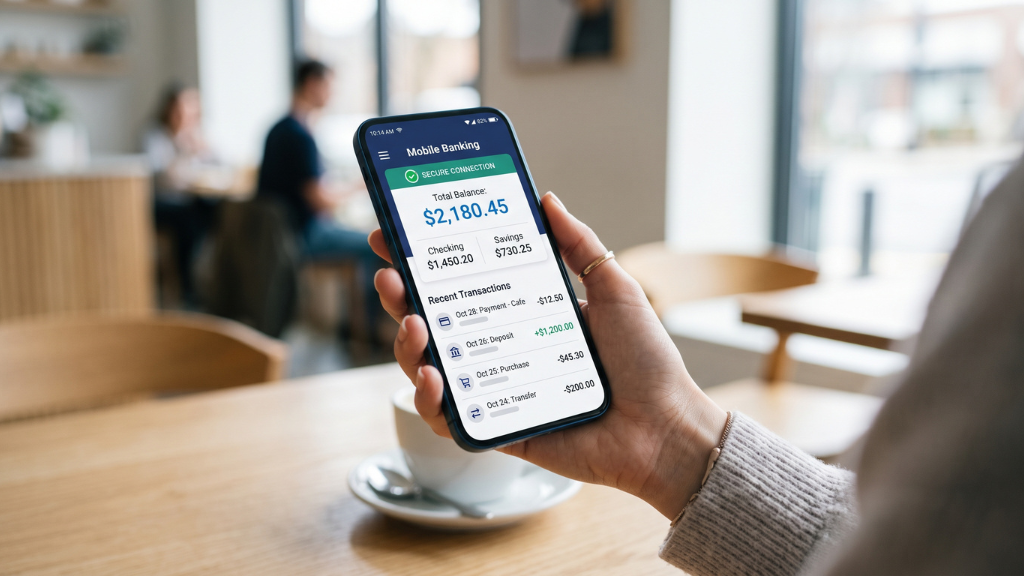 Person using Merrick Bank mobile banking app on smartphone to check account